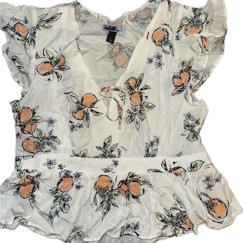 NWT White and Orange Blouse with Ruffle Sleeves